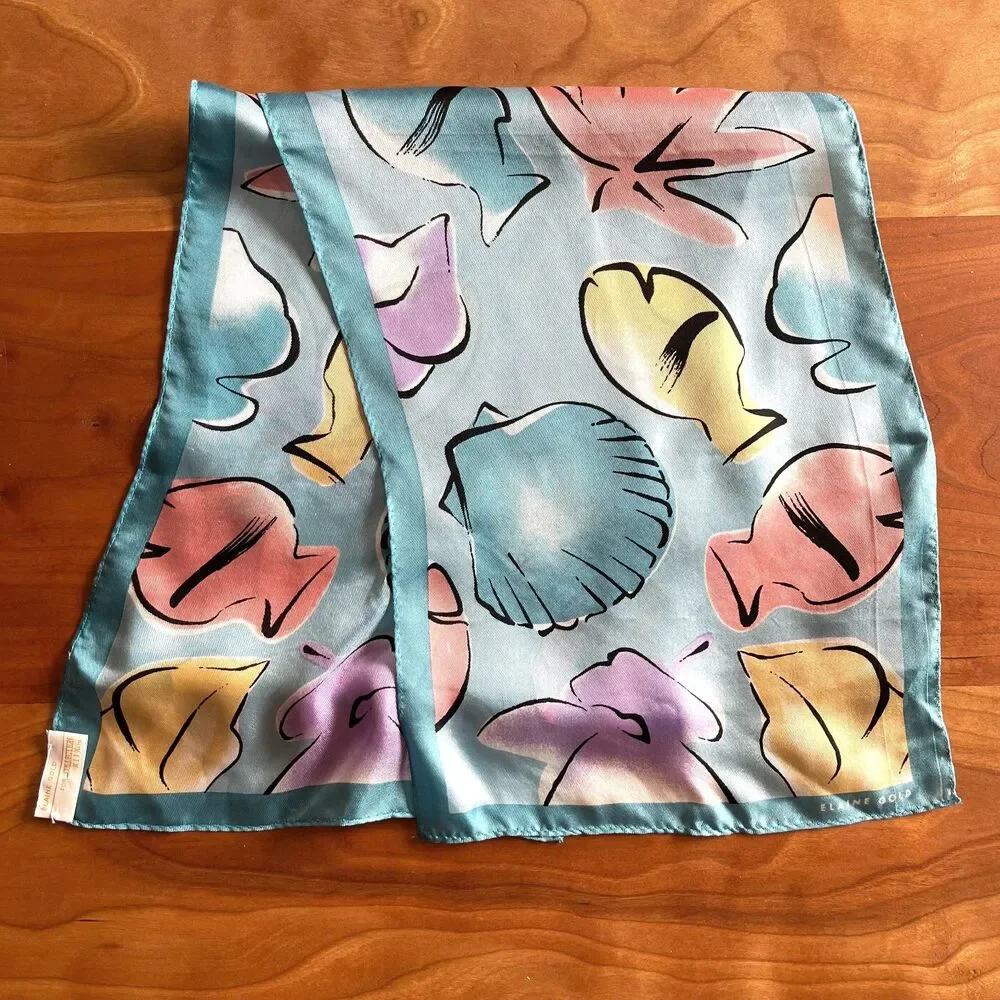 Vintage Elaine Gold Seashell and Fish Silk Scarf